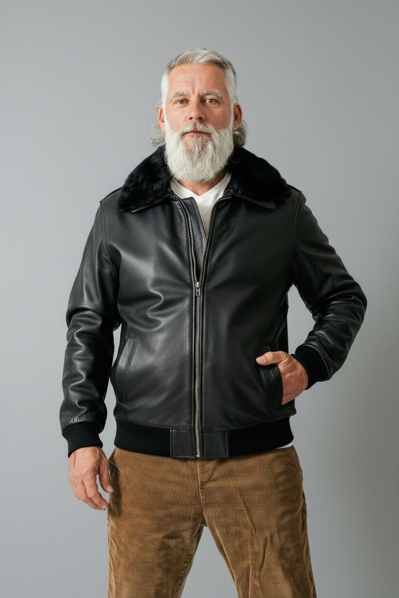 Herren Pilotenlederjacke aus Rindnappa in schwarz mit abnehmbaren Fellkragen