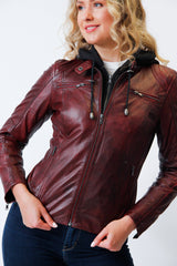 Kurze  Damenlederjacke aus Lammnappa Rot vintage Look mit Stoffkapuze abtrennbar