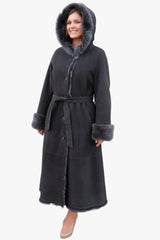 Exklusive Damen-Merino-Schaffellmantel , Kapuze, Gürtel, sehr leicht, Farbe anthrazit,Knöpfe, sehr leicht