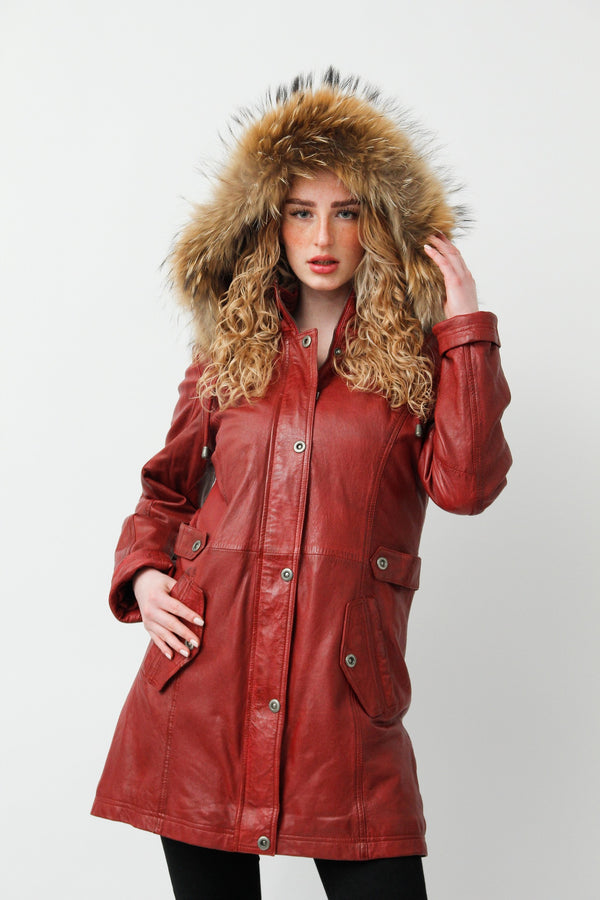 Langer Damen Lederparka Lammnappa dunkelrot vintage mit Finnraccoon Kapuze