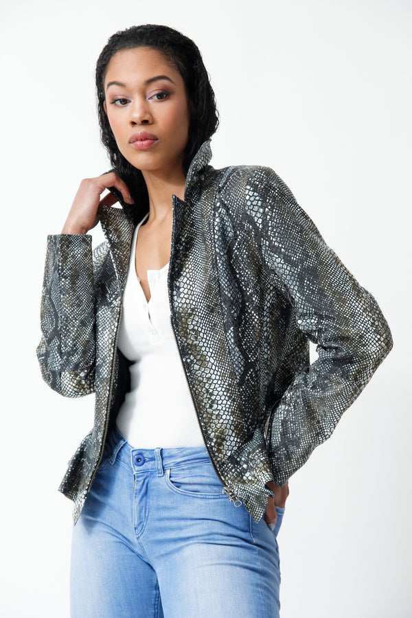 extravagante Damen Lederjacke mit Animalprint als Schlangenmuster in Lammnappa tailliert