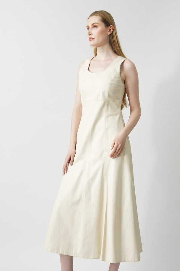 Tailliertes Damen Leder Kleid aus weichen Lammnappa in Ivory