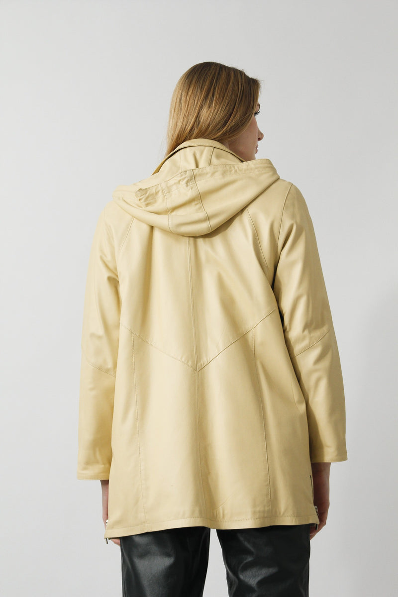 Lange sportliche Damen Lederjacke Lammnappa in Vanille gelb mit Kapuze