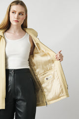 Lange sportliche Damen Lederjacke Lammnappa in Vanille gelb mit Kapuze