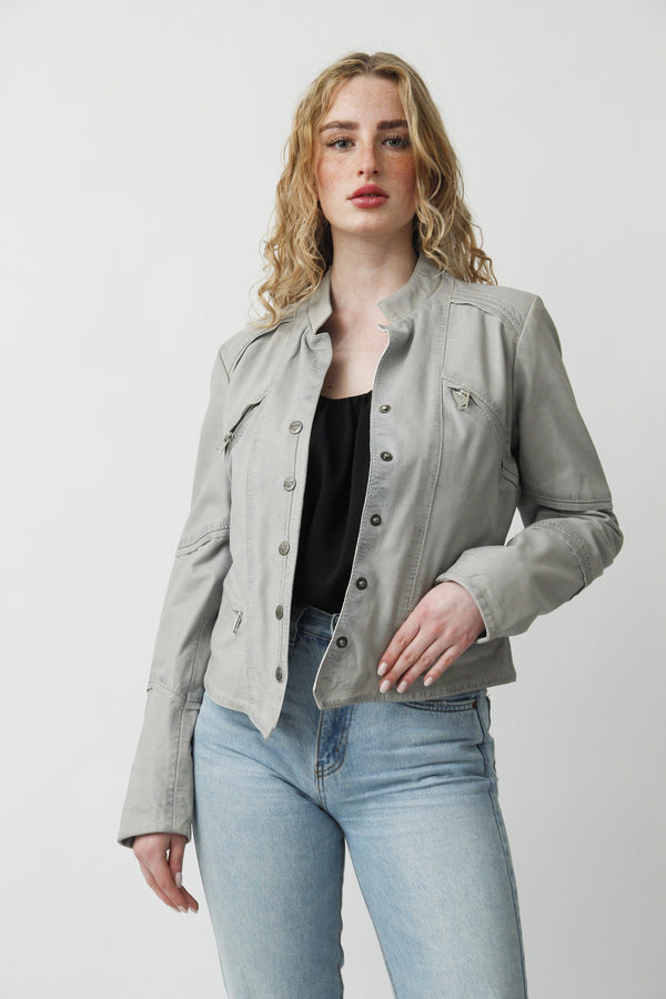 Kurze Damen Lederjacke aus Lammnappa in Ice Blue mit Stehkragen