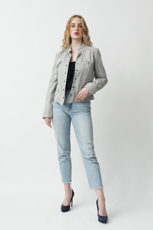 Kurze Damen Lederjacke aus Lammnappa in Ice Blue mit Stehkragen