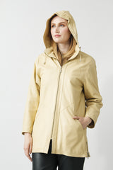 Lange sportliche Damen Lederjacke Lammnappa in Vanille mit Kapuze
