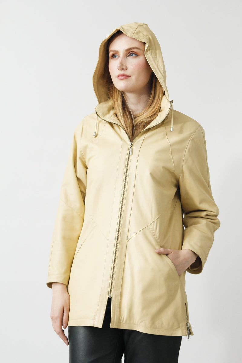 Lange sportliche Damen Lederjacke Lammnappa in Vanille mit Kapuze