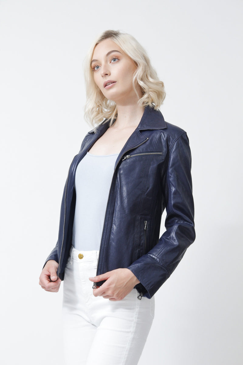Taillierte Damen Lederjacke in Lammnappa Blau federleicht, Leder Schmidt Online 