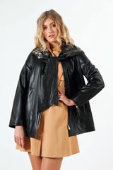 Lange Damen Lederjacke Lammnappa zum wenden mit Schalkapuze in schwarz