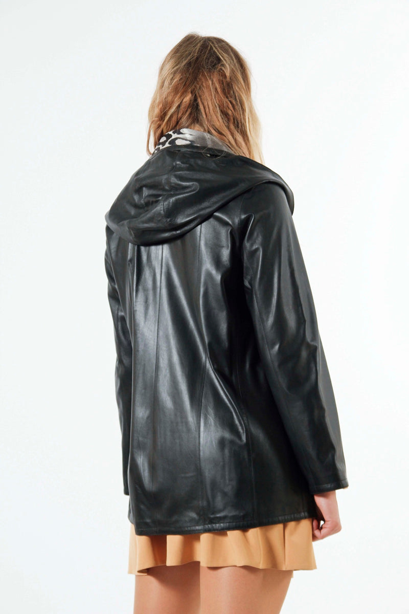 Lange Damen Lederjacke Lammnappa zum wenden mit Schalkapuze in schwarz