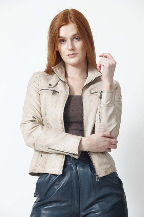 Kurze Damen Lederjacke aus softigem Lammnappa in Beige- Leder Schmidt Online