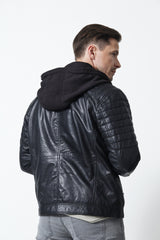 Coole Herren Biker Lederjacke schwarz Lammnappa mit Kapuze und Steppnähte