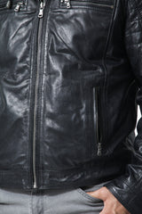 Coole Herren Biker Lederjacke schwarz Lammnappa mit Kapuze und Steppnähte