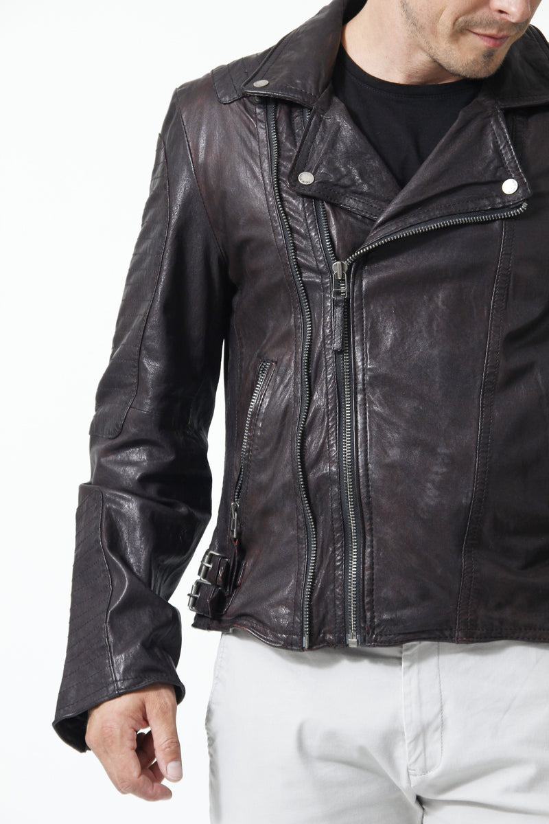 Herren Lederjacke in Bordeaux/Schwarz in Lammnappa Bikerjacke vintage Look