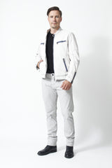 Herren Leder Jacke Lammnappa in Offwhite Blau mit Stehkragen hochschließbar
