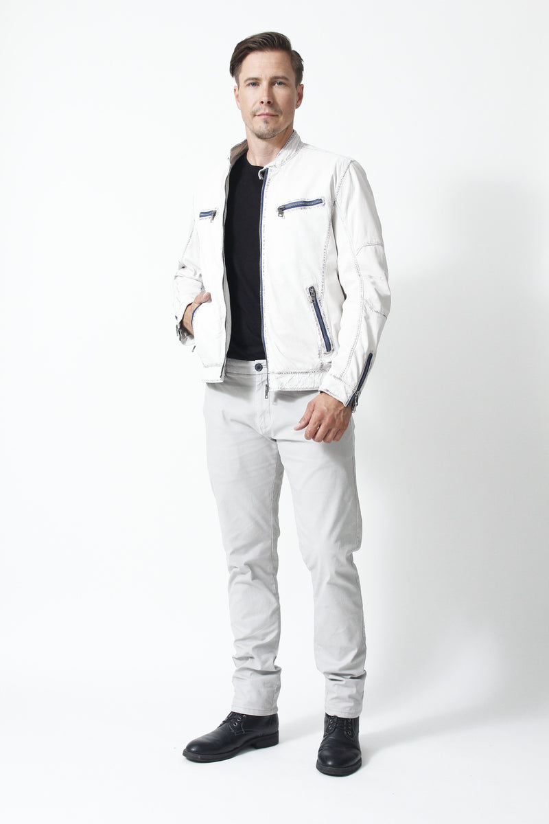 Herren Leder Jacke Lammnappa in Offwhite Blau mit Stehkragen hochschließbar