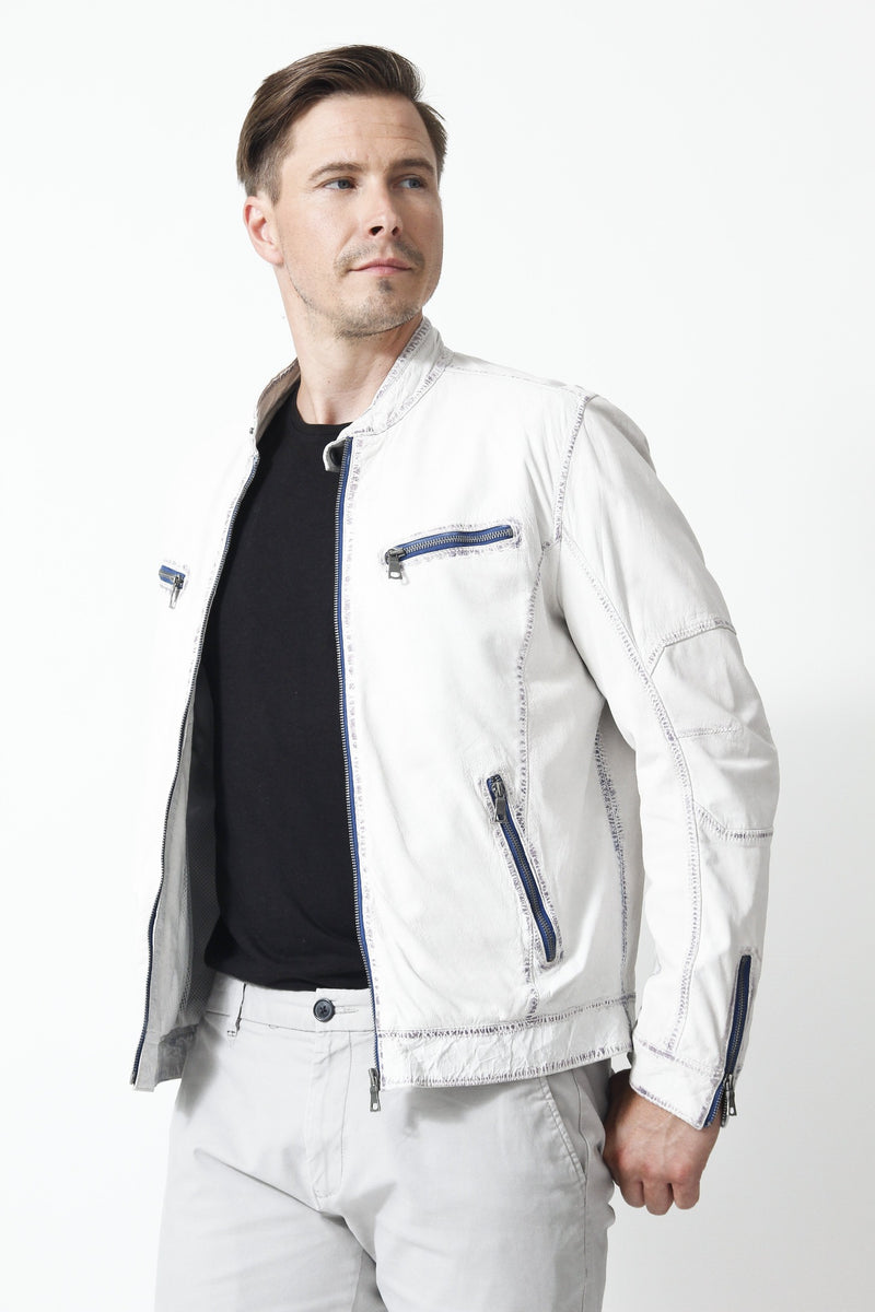 Herren Leder Jacke Lammnappa in Offwhite Blau mit Stehkragen hochschließbar