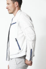 Herren Leder Jacke Lammnappa in Offwhite Blau mit Stehkragen hochschließbar