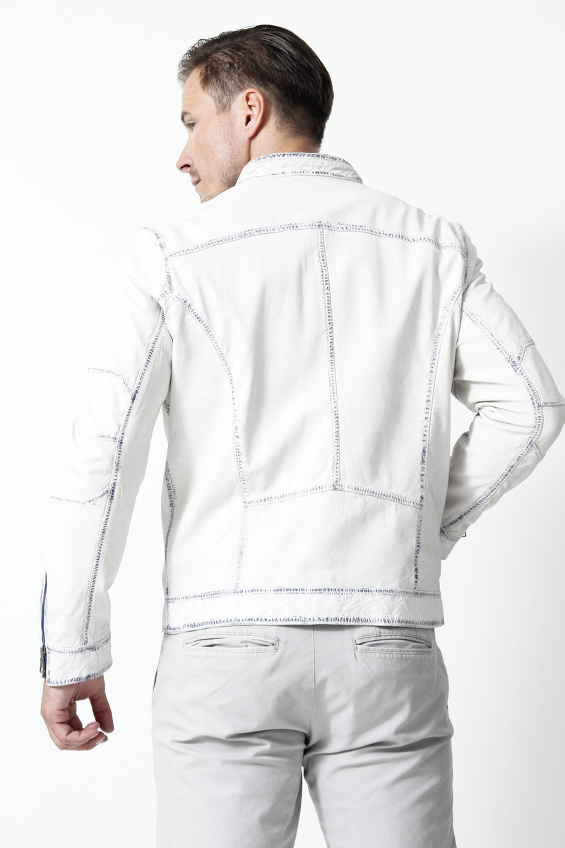 Herren Leder Jacke Lammnappa in Offwhite Blau mit Stehkragen hochschließbar