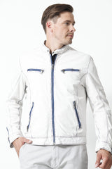 Herren Leder Jacke Lammnappa in Offwhite Blau mit Stehkragen hochschließbar