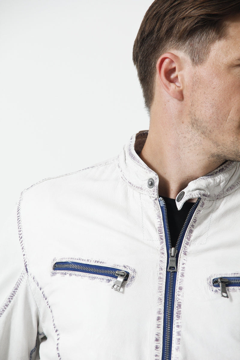 Herren Leder Jacke Lammnappa in Offwhite Blau mit Stehkragen hochschließbar