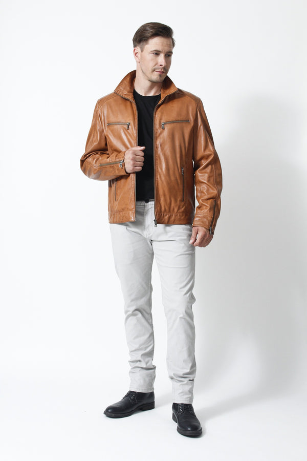 Kurze Herren Lederjacke in Lammnappa cognac vintage look mit Brusttaschen