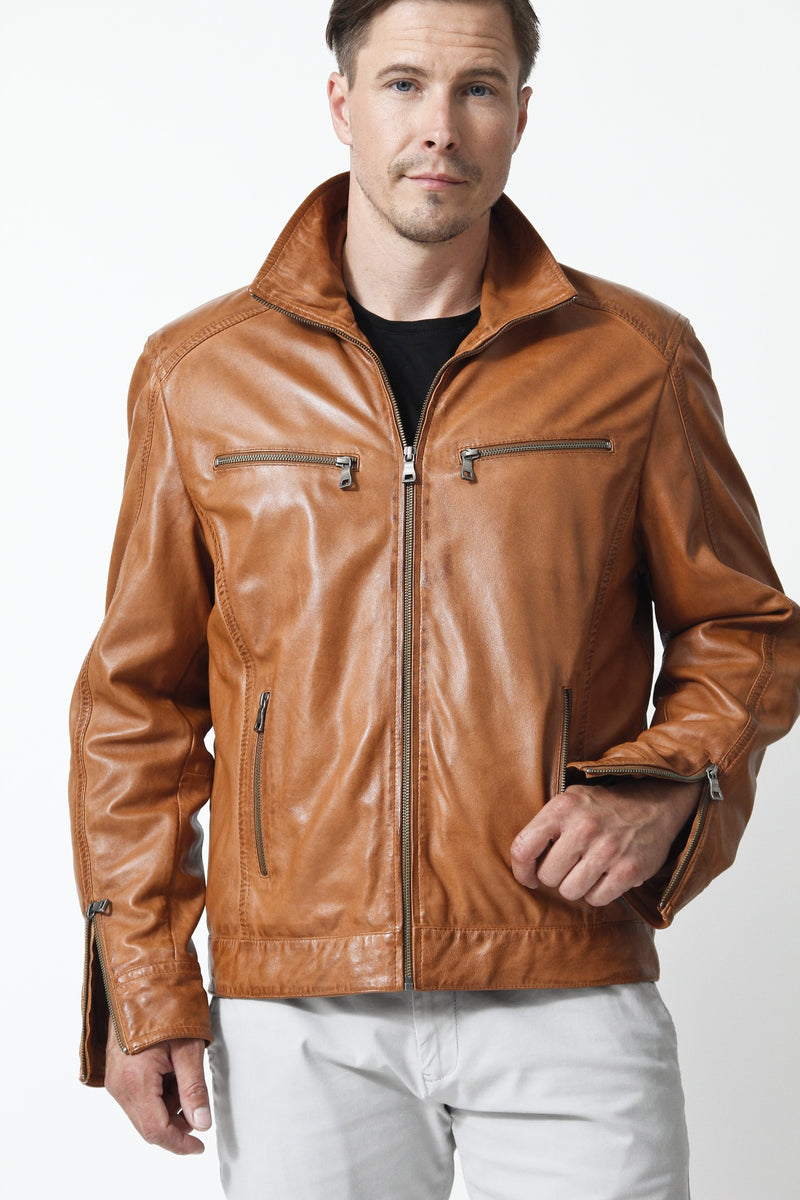  Leichte Herren Lederjacke in Lammnappa cognac vintage look mit Brusttaschen