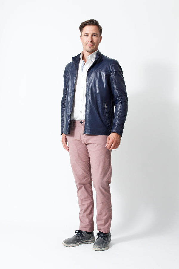Leichte Herren Lederjacke aus Lammnappa in Blau mit zwei Eingriffstaschen