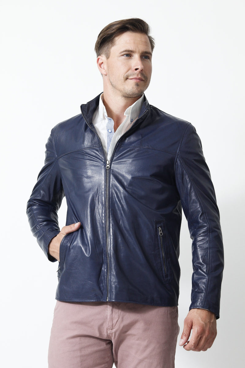Zeitlose Herren Lederjacke aus Lammnappa in Blau mit zwei Eingriffstaschen 