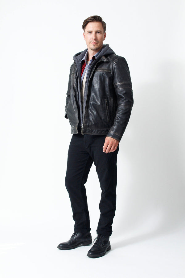 Herren Biker Lederjacke mit Kapuze Lammnappa in schwarz grau