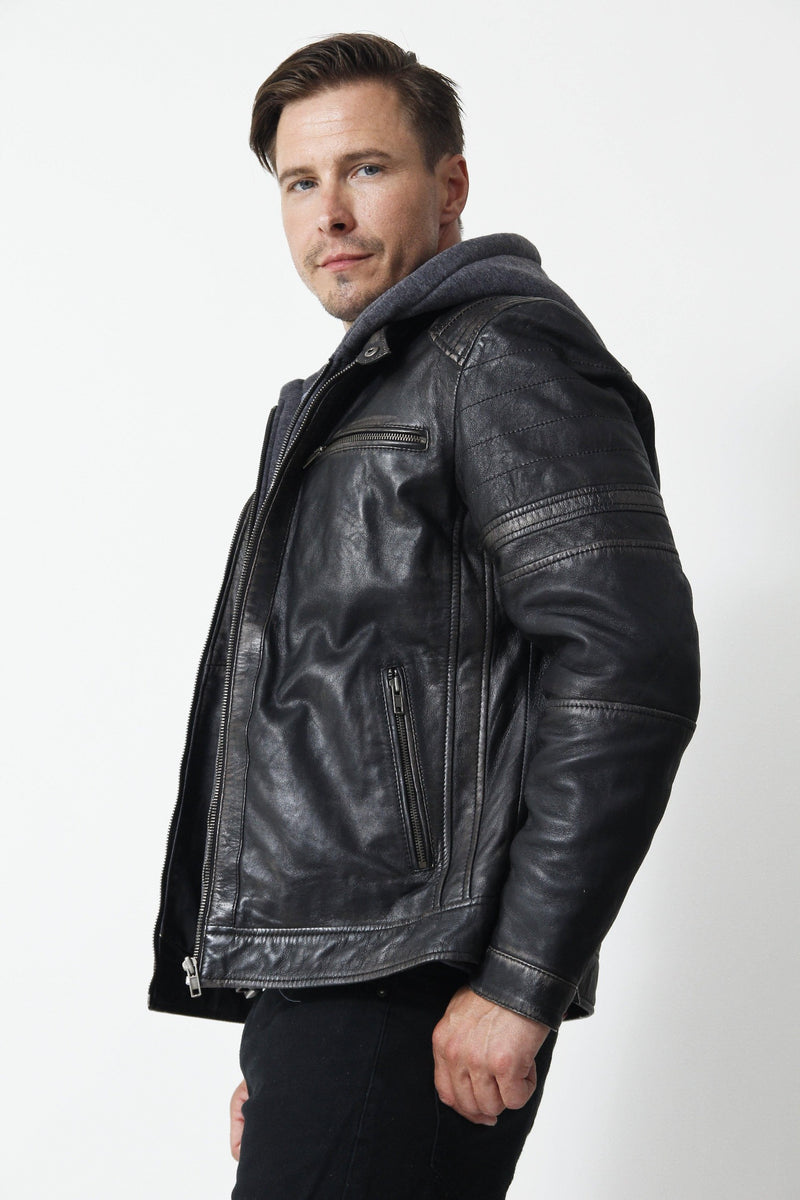 Herren Biker Lederjacke mit Kapuze Lammnappa in schwarz grau
