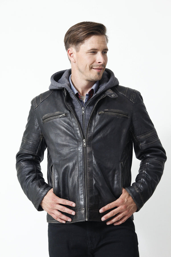 Herren Biker Lederjacke mit Kapuze Lammnappa in schwarz grau