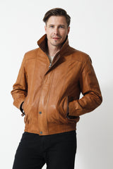 Kurzer Herren Lederblouson in Lammnappa Cognac Braun und leicht wattiert