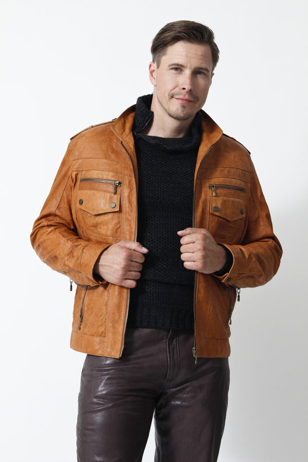 Herren Lederjacke kringel Cognac in Lammnappa mit Brusttaschen und Stehkragen