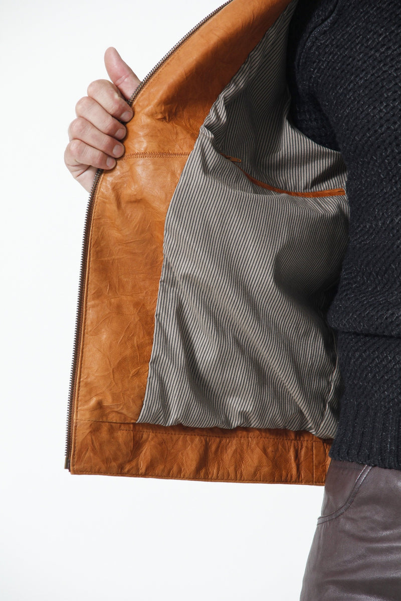 Herren Lederjacke Crashoptik  Cognac in Lammnappa mit Brusttaschen und Stehkragen