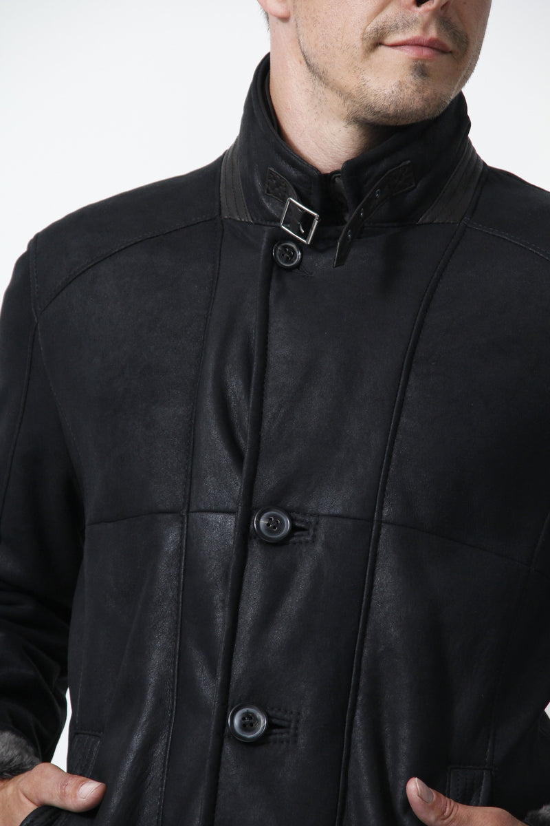 Herren-Lammfelljacke-Christ-Schwarz-Leder Schmidt Online-Mega leicht-Doppelkragen-Leipzig-nappiert-Stehkragen mit Riegel