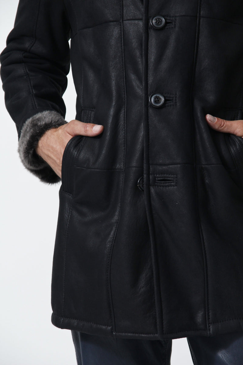 Herren-Lammfelljacke-Christ-Schwarz-Leder Schmidt Online-Mega leicht-Doppelkragen-Leipzig-nappiert-Stehkragen mit Riegel-beste Qualität