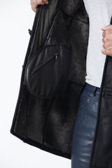 Herren-Lammfelljacke-Christ-Schwarz-Leder Schmidt Online-Mega leicht-Doppelkragen-Leipzig-nappiert-Stehkragen mit Riegel-beste Qualität-Zwei Innentaschen