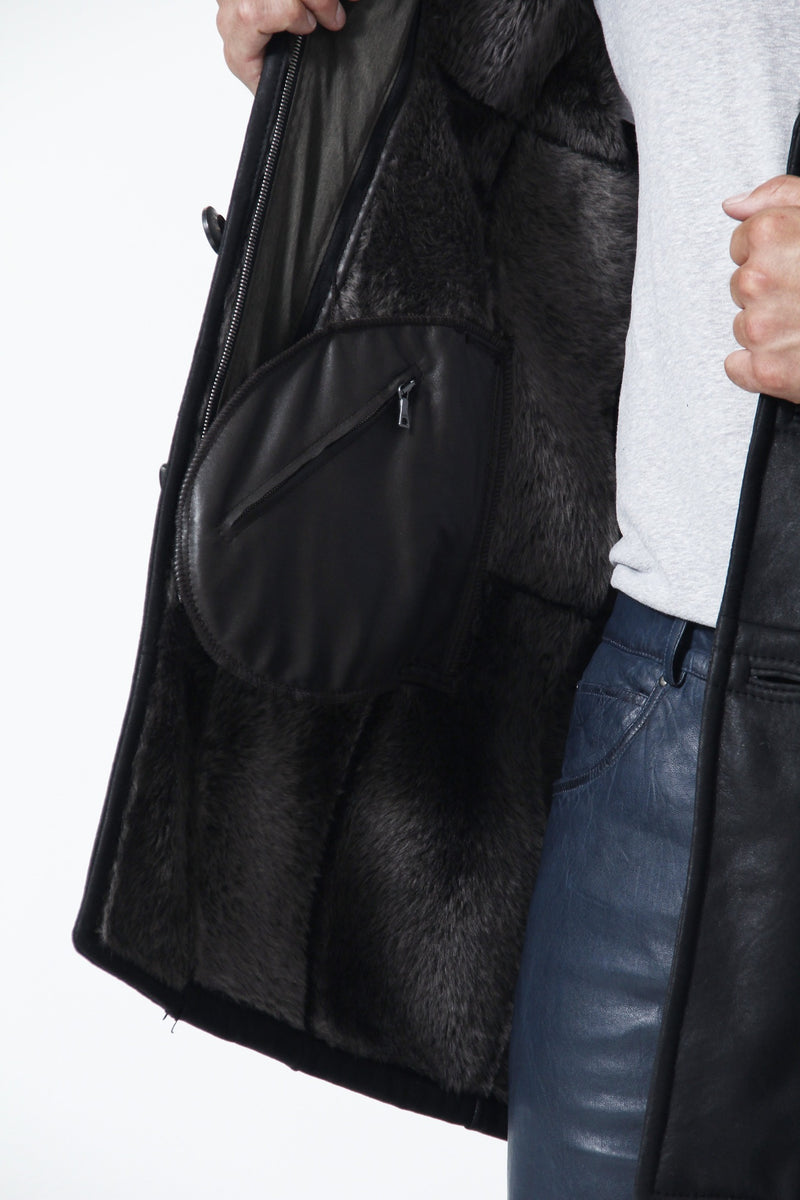 Herren-Lammfelljacke-Christ-Schwarz-Leder Schmidt Online-Mega leicht-Doppelkragen-Leipzig-nappiert-Stehkragen mit Riegel-beste Qualität-Zwei Innentaschen