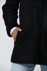 Längere Herren Lammfelljacke aus Merinolamm in schwarz nappiert mit Reißverschluss