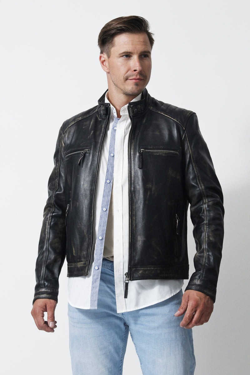 Herren Leder Bikerjacke in Vintage Look Schwarz Lammnappa mit Stehkragen