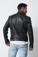 Herren Leder Bikerjacke in Vintage Look Schwarz Lammnappa mit Stehkragen