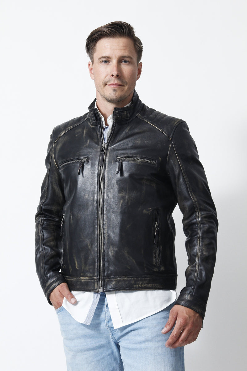 Herren Leder Bikerjacke in Vintage Look Schwarz Lammnappa mit Stehkragen