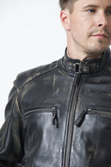 Herren Leder Bikerjacke in Vintage Look Schwarz Lammnappa mit Stehkragen