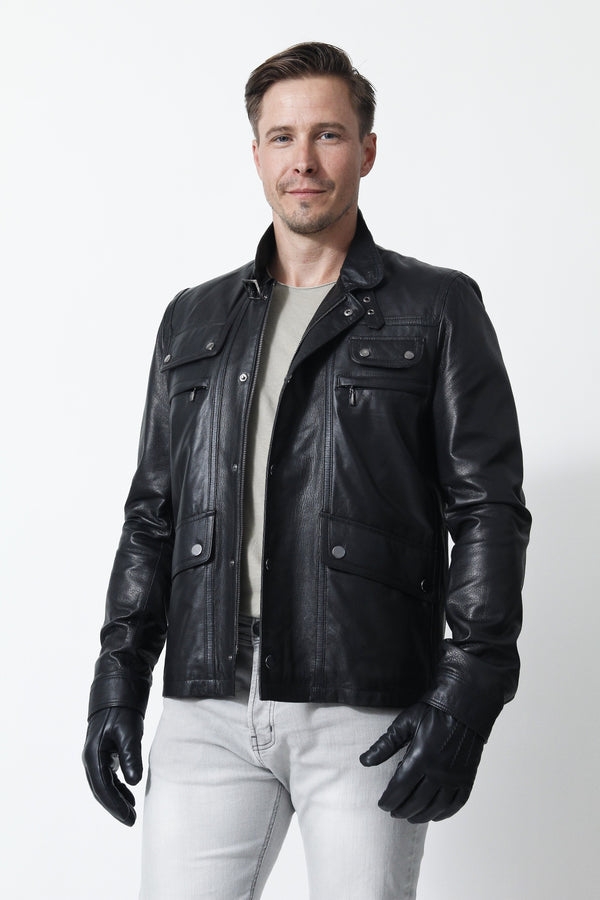 Herren Lederjacke aus Hirschnappa schwarz mit Stehkragen und viele Taschen