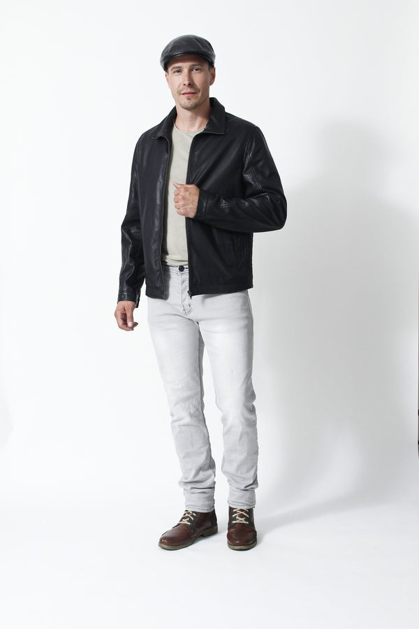 Schlichte Herren Lederjacke in Schwarz Lammnappa mit zwei Eingriffstaschen