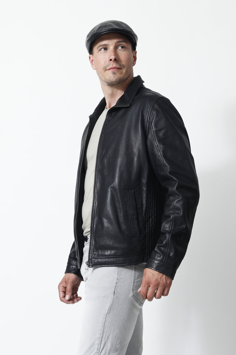 Schlichte Herren Lederjacke in Schwarz Lammnappa mit zwei Eingriffstaschen