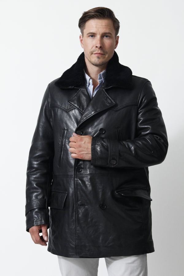 Herren Longjacke mit Knopf  Doppelreiher  Lammnappa Schwarz Leder Schmidt 