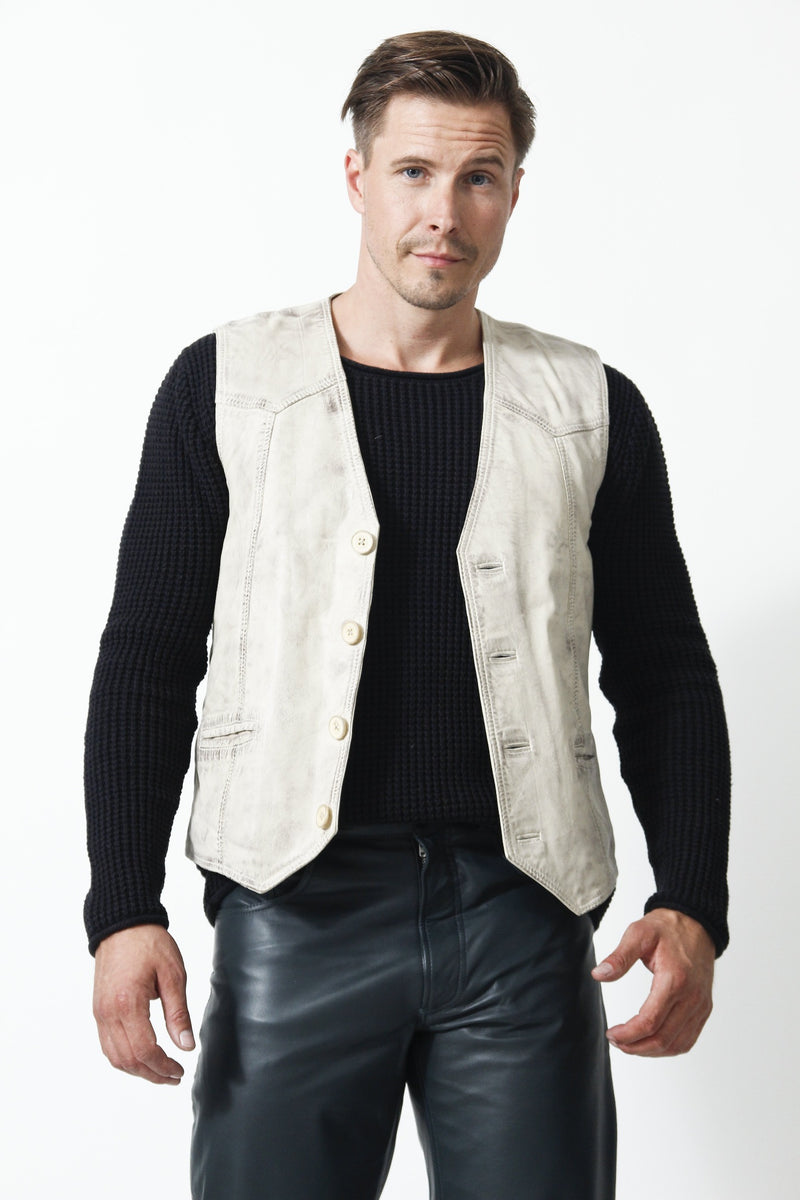 Herren Style Weste Lammnappa in Offwhite vintage look mit Knöpfen, 